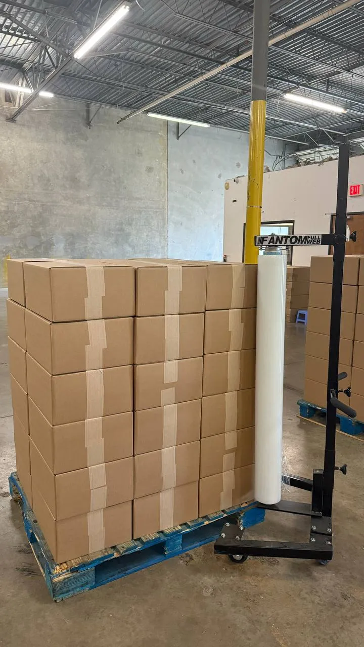 Boxes shrink-wrapped and palletized for an outbound freight shipment